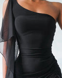 Contrast Mesh One Shoulder Drawstring Ruched Party Dress