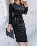 Rhinestone Embellished Long Sleeve Evening Party Midi Dress