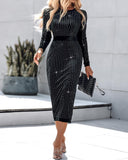 Rhinestone Embellished Long Sleeve Evening Party Midi Dress