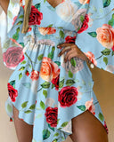 Floral Print Shirred V Neck Dress