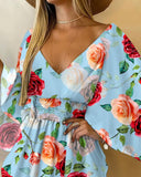 Floral Print Shirred V Neck Dress