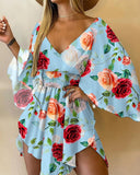 Floral Print Shirred V Neck Dress