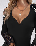 Cold Shoulder Contrast Lace Beaded Top