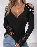 Cold Shoulder Contrast Lace Beaded Top