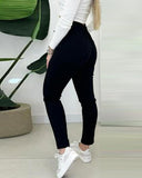 Drawstring Waist Button Decor Fleece Lined Skinny Pants