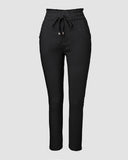 Drawstring Waist Button Decor Fleece Lined Skinny Pants