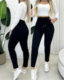 Drawstring Waist Button Decor Fleece Lined Skinny Pants