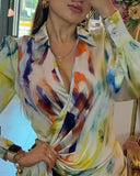 Tie Dye Print Lantern Sleeve Wrap Dress