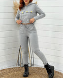 2PCS Button Decor Crop Hoodie & Stretchy Waist Pocket Design Pants Set