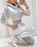 2PCS Button Decor Crop Hoodie & Stretchy Waist Pocket Design Pants Set