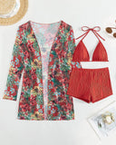 Halter Textured Bikini Top & Shorts Set With Floral Tropical Print Coat