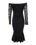 Off Shoulder Lace Insert Ruffles Bodycon Dress