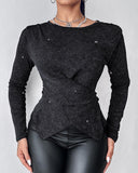 Glitter Round Neck Long Sleeve Crisscross Top