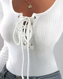 Lace up Deep U Neck Long Sleeve Bodysuit