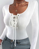 Lace up Deep U Neck Long Sleeve Bodysuit