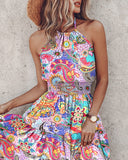 Paisley Print Halter Backless Ruffles Dress