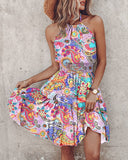 Paisley Print Halter Backless Ruffles Dress