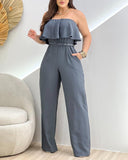 Bandeau Sleeveless Ruffles Jumpsuit with Belt Casual Waist Pocket Design Loose Fit Romper