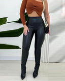 Curved High Waist PU Leather Fleece lined Thermal Pants