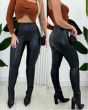 Curved High Waist PU Leather Fleece lined Thermal Pants