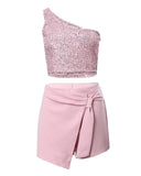 One Shoulder Sequin Crop Top & Skorts Set