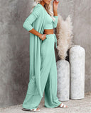 Crop Ribbed Tank Top & Drawstring Pants Set With Longline Coat