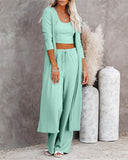 Crop Ribbed Tank Top & Drawstring Pants Set With Longline Coat