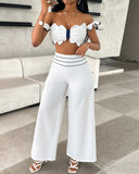 Scallop Trim Off Shoulder Top & Striped Wide Leg Pants Set