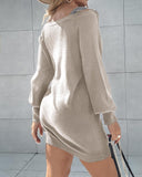 Rhinestone Buckled Batwing Sleeve Casual Knit Long Sleeve Dress