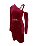 Velvet One Shoulder Chain Decor Ruched Bodycon Dress