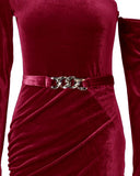 Velvet One Shoulder Chain Decor Ruched Bodycon Dress