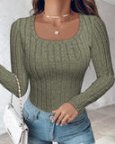 U Neck Long Sleeve Ribbed Tops Fleece Lined Basic Layering Soft Thermal Tee