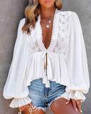 Tied Detail Lace Patch Lantern Sleeve Top