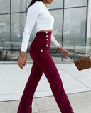 High Waist Pocket Design Buttoned Pants