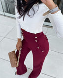 High Waist Pocket Design Buttoned Pants