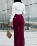 High Waist Pocket Design Buttoned Pants