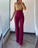 High Waist Pocket Design Buttoned Pants