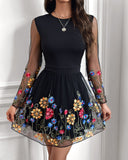 Floral Embroidery Sheer Mesh Patch Long Sleeve Dress