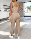 Pocket Buckle Design Cargo Suspender Jumpsuit