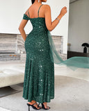 Allover Sequin V Neck Spaghetti Strap Sheer Mesh Slit Maxi Dress Evening Party Dress