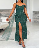 Allover Sequin V Neck Spaghetti Strap Sheer Mesh Slit Maxi Dress Evening Party Dress