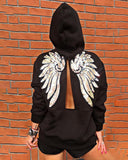 Sequin Wings Pattern Back Slit Hooded Sweatshirt & Shorts Set