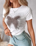 Rhinestone Butterfly Letter Pattern Drawstring Top