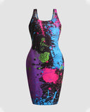 Ink Splash Print Sleeveless Bodycon Dress