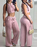 Piping Crop Tank Top & Pocket Design Pants Set