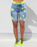 Colorblock Letter Print Ripped 2 In 1 Denim Shorts