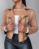 Lapel Collar Zip Up Long Sleeve Motor Biker Short Coat Pocket Design Jacket