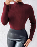 Fleece Lined Stand Collar Long Sleeves Frill Hem Sweater Thermal Fall and Winter Top