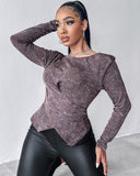 Glitter Round Neck Long Sleeve Crisscross Top