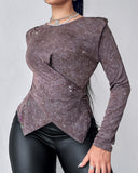 Glitter Round Neck Long Sleeve Crisscross Top